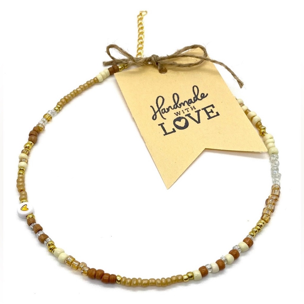 Tan Cream Gold Beaded Necklace Heart Charm Boho Y2K Summer Beach Preppy Festival - Picture 5 of 7